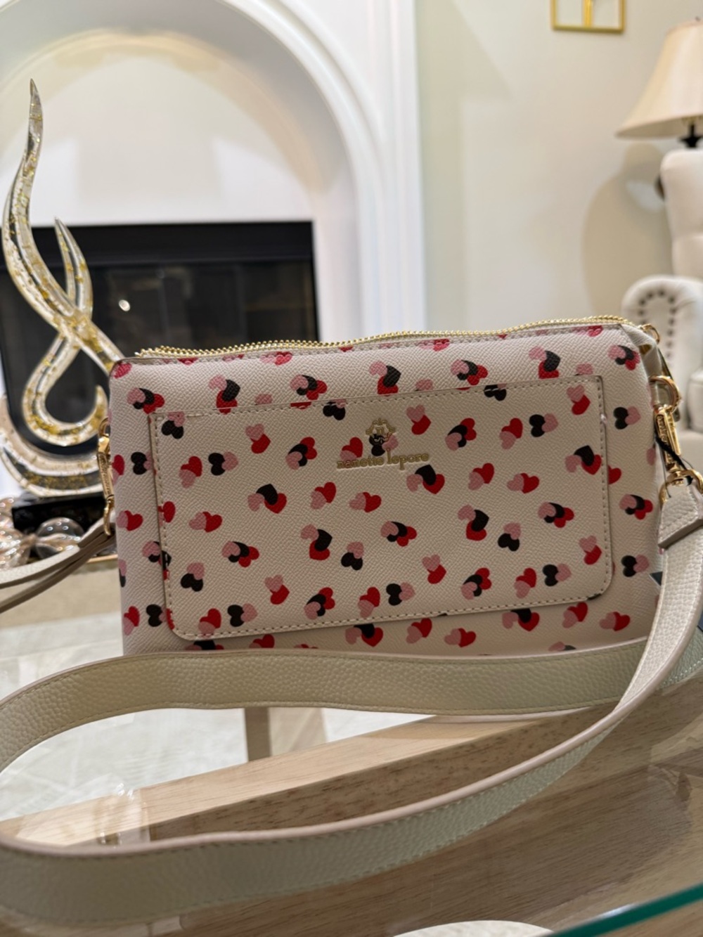 Nanette Lepore Cream Heart-Print Crossbody with Red Pink Black Hearts